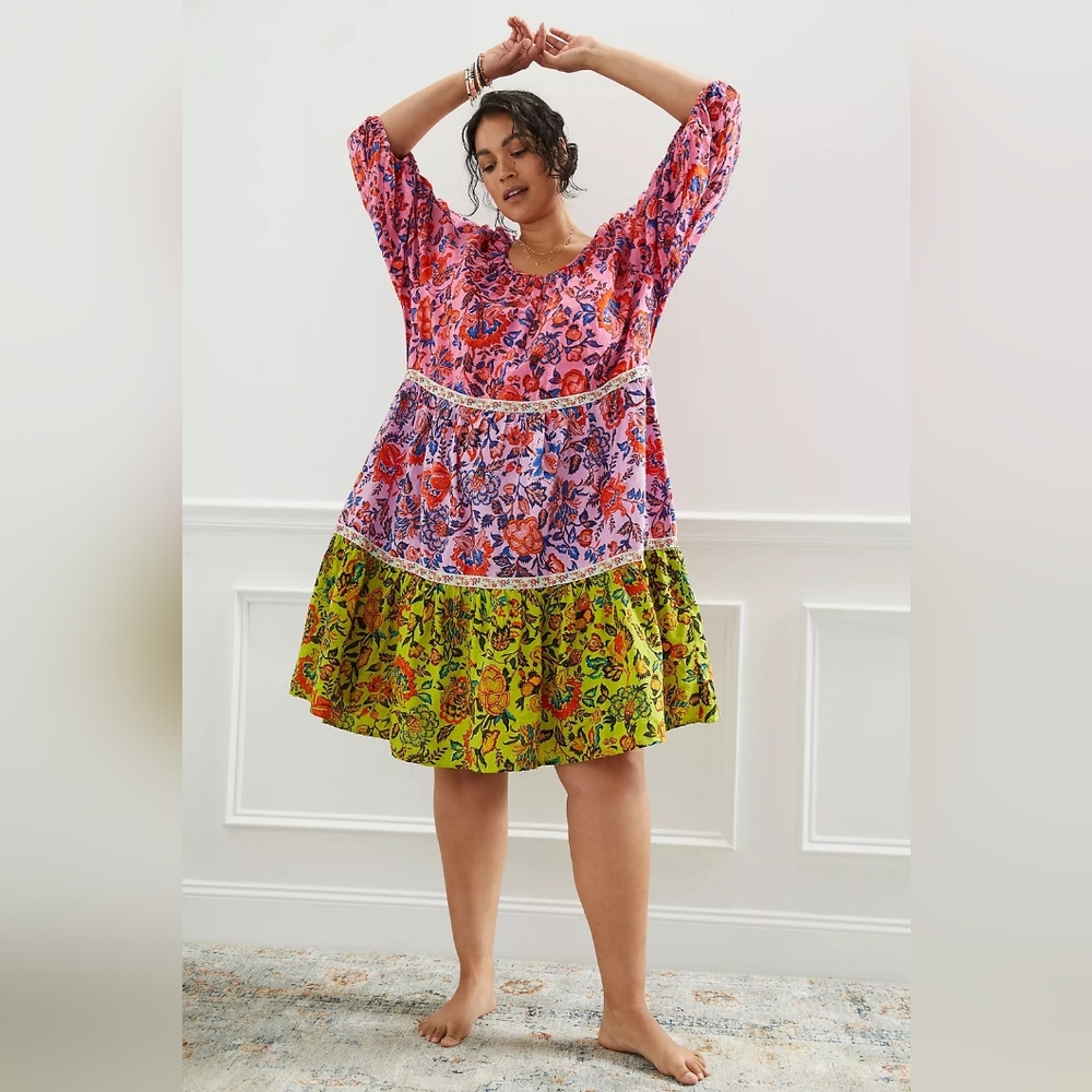 Anthropologie Multicolor Floral Tiered Mini Dress - Pink, Purple & Green